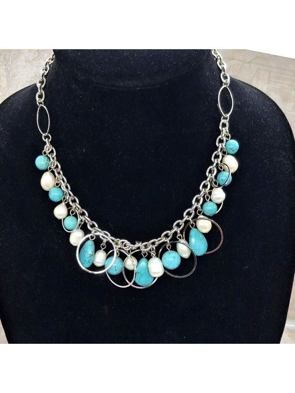 Genuine Pearls Silvertone and Turquoise Colored Howlite Beaded Necklace